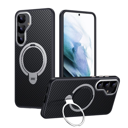 For Samsung Galaxy S25 5G Double Ring MagSafe Holder Carbon Fibre Phone Case(Silver) by buy2fix