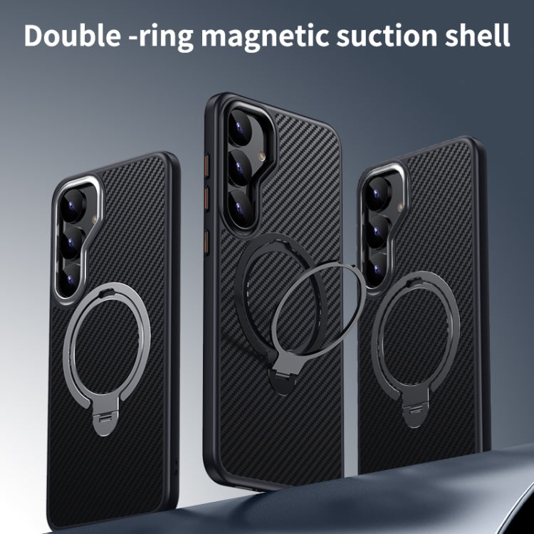 For Samsung Galaxy S25 5G Double Ring MagSafe Holder Carbon Fibre Phone Case(Silver) by buy2fix