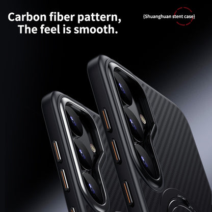 For Samsung Galaxy S25 5G Double Ring MagSafe Holder Carbon Fibre Phone Case(Silver) by buy2fix