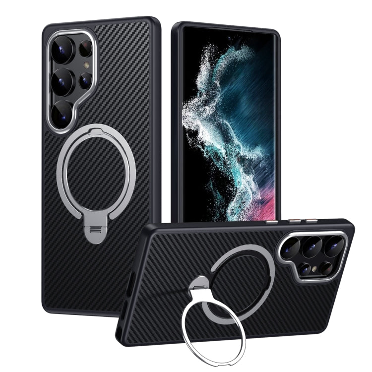 For Samsung Galaxy S25 Ultra 5G Double Ring MagSafe Holder Carbon Fibre Phone Case(Silver) by buy2fix