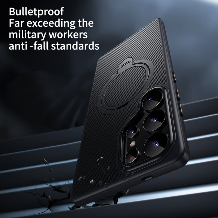 For Samsung Galaxy S25 Ultra 5G Double Ring MagSafe Holder Carbon Fibre Phone Case(Silver) by buy2fix