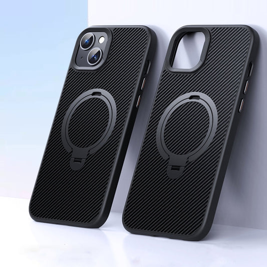 For iPhone 15 Double Ring MagSafe Holder Carbon Fiber Phone Case(Black) - iPhone 15 Cases by buy2fix | Online Shopping UK | buy2fix