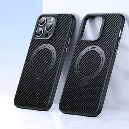 For iPhone 12 Pro Max Double Ring MagSafe Holder Carbon Fiber Phone Case(Black) by buy2fix