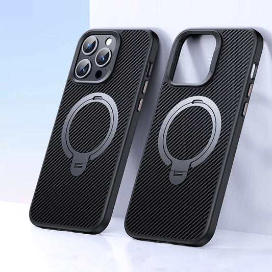 For iPhone 12 Pro Max Double Ring MagSafe Holder Carbon Fiber Phone Case(Silver) by buy2fix