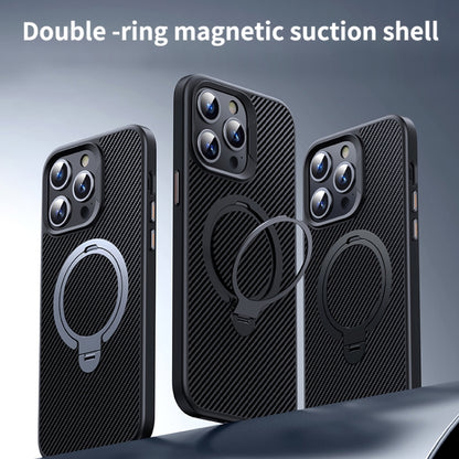 For iPhone 15 Pro Double Ring MagSafe Holder Carbon Fiber Phone Case(Silver) - iPhone 15 Pro Cases by buy2fix | Online Shopping UK | buy2fix