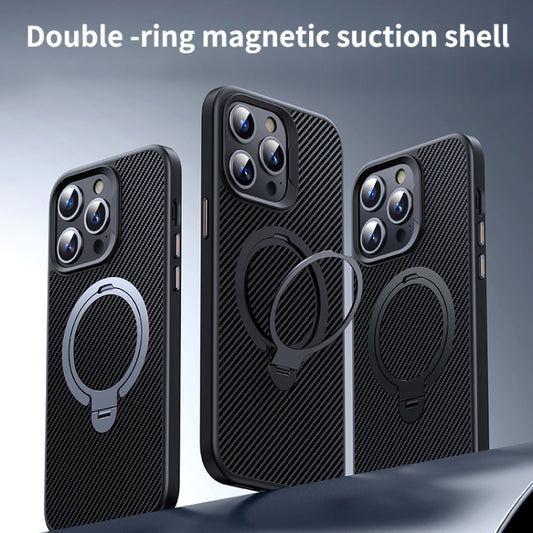 For iPhone 15 Pro Double Ring MagSafe Holder Carbon Fiber Phone Case(Silver) - iPhone 15 Pro Cases by buy2fix | Online Shopping UK | buy2fix