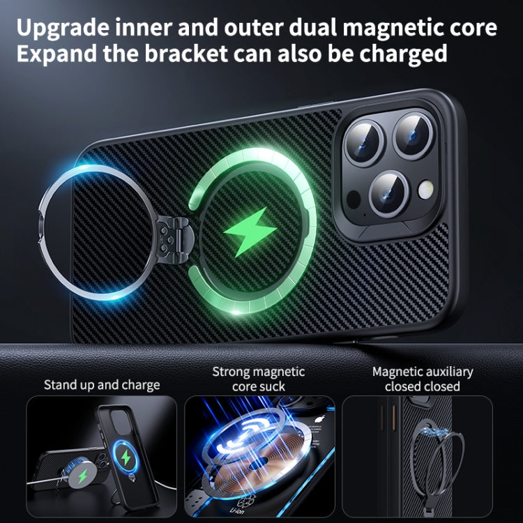 For iPhone 12 / 12 Pro Double Ring MagSafe Holder Carbon Fiber Phone Case(Black) by buy2fix