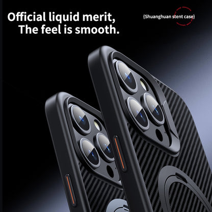 For iPhone 12 / 12 Pro Double Ring MagSafe Holder Carbon Fiber Phone Case(Black) by buy2fix