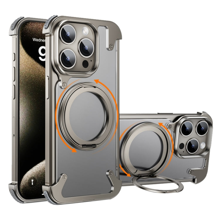 For iPhone 15 Pro Max 360 Degree Rotation MagSafe Stand Metal Phone Case(Frosted Silver) - iPhone 15 Pro Max Cases by buy2fix | Online Shopping UK | buy2fix