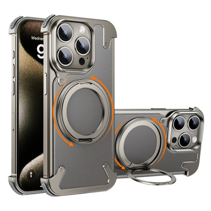 For iPhone 15 Pro 360 Degree Rotation MagSafe Stand Metal Phone Case(Leather Silver) - iPhone 15 Pro Cases by buy2fix | Online Shopping UK | buy2fix