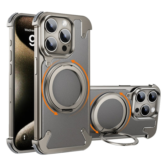 For iPhone 15 Pro 360 Degree Rotation MagSafe Stand Metal Phone Case(Leather Silver) - iPhone 15 Pro Cases by buy2fix | Online Shopping UK | buy2fix