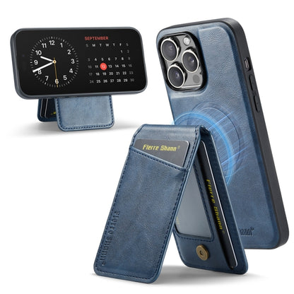 For iPhone 15 Pro Max Fierre Shann Cowhide Vertical Flip Magnetic Card Holder Phone Case(Blue) by FIERRE SHANN