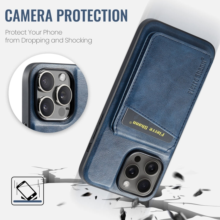 For iPhone 15 Pro Max Fierre Shann Cowhide Vertical Flip Magnetic Card Holder Phone Case(Blue) by FIERRE SHANN