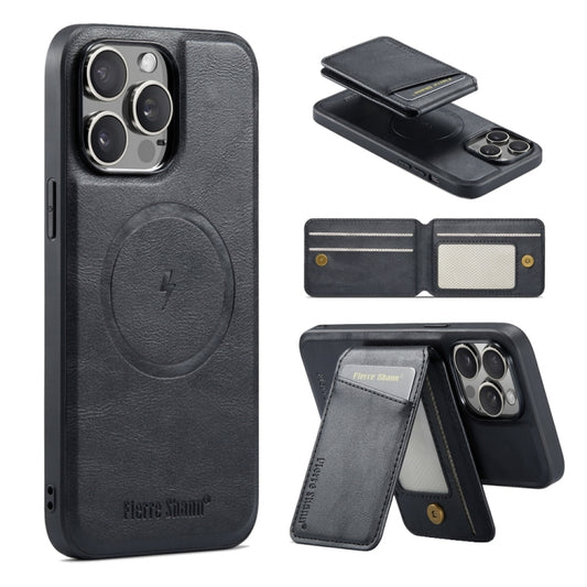 For iPhone 15 Pro Fierre Shann Cowhide Vertical Flip Magnetic Card Holder Phone Case(Black) - iPhone 15 Pro Cases by FIERRE SHANN | Online Shopping UK | buy2fix