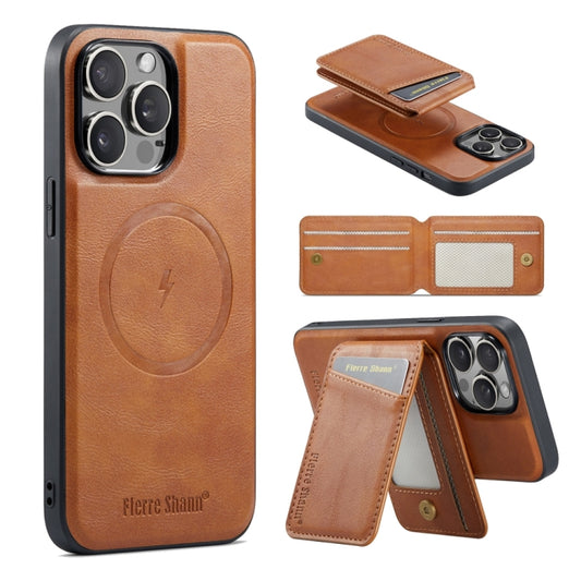 For iPhone 15 Pro Fierre Shann Cowhide Vertical Flip Magnetic Card Holder Phone Case(Brown) - iPhone 15 Pro Cases by FIERRE SHANN | Online Shopping UK | buy2fix
