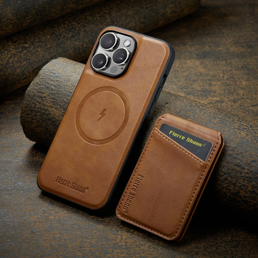 For iPhone 15 Pro Fierre Shann Cowhide Vertical Flip Magnetic Card Holder Phone Case(Brown) - iPhone 15 Pro Cases by FIERRE SHANN | Online Shopping UK | buy2fix