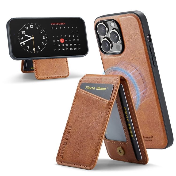 For iPhone 15 Pro Fierre Shann Cowhide Vertical Flip Magnetic Card Holder Phone Case(Brown) - iPhone 15 Pro Cases by FIERRE SHANN | Online Shopping UK | buy2fix
