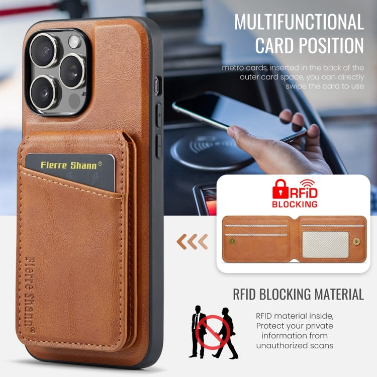 For iPhone 15 Pro Fierre Shann Cowhide Vertical Flip Magnetic Card Holder Phone Case(Brown) - iPhone 15 Pro Cases by FIERRE SHANN | Online Shopping UK | buy2fix
