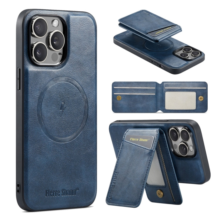 For iPhone 15 Pro Fierre Shann Cowhide Vertical Flip Magnetic Card Holder Phone Case(Blue) - iPhone 15 Pro Cases by FIERRE SHANN | Online Shopping UK | buy2fix