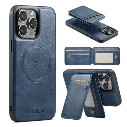 For iPhone 15 Pro Fierre Shann Cowhide Vertical Flip Magnetic Card Holder Phone Case(Blue) - iPhone 15 Pro Cases by FIERRE SHANN | Online Shopping UK | buy2fix