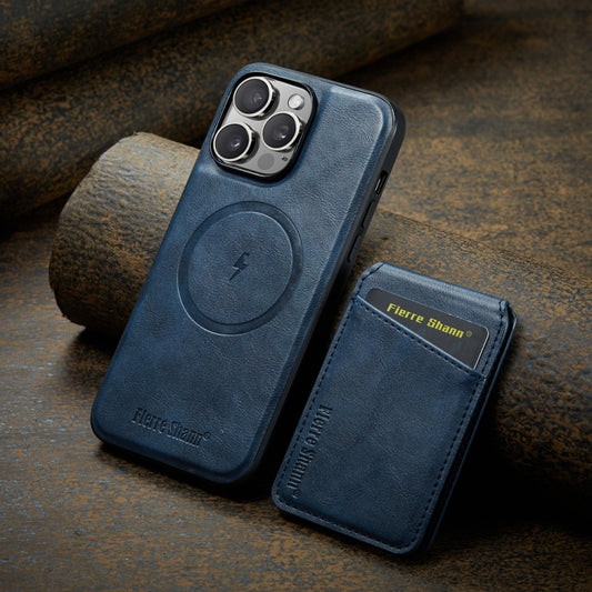 For iPhone 15 Pro Fierre Shann Cowhide Vertical Flip Magnetic Card Holder Phone Case(Blue) - iPhone 15 Pro Cases by FIERRE SHANN | Online Shopping UK | buy2fix