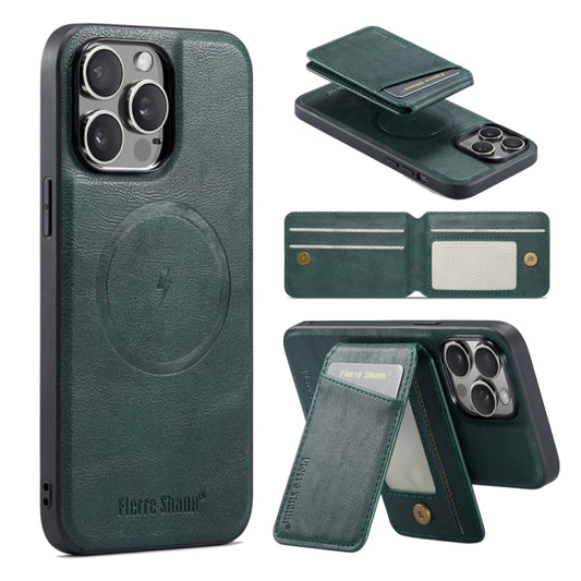 For iPhone 15 Pro Fierre Shann Cowhide Vertical Flip Magnetic Card Holder Phone Case(Green) - iPhone 15 Pro Cases by FIERRE SHANN | Online Shopping UK | buy2fix