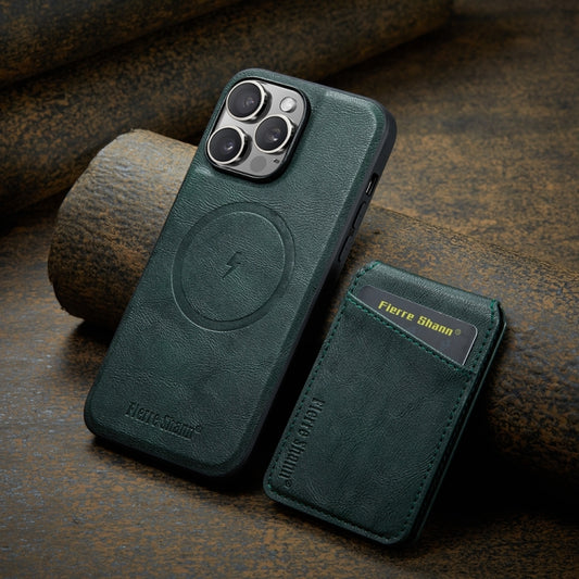 For iPhone 15 Pro Fierre Shann Cowhide Vertical Flip Magnetic Card Holder Phone Case(Green) - iPhone 15 Pro Cases by FIERRE SHANN | Online Shopping UK | buy2fix