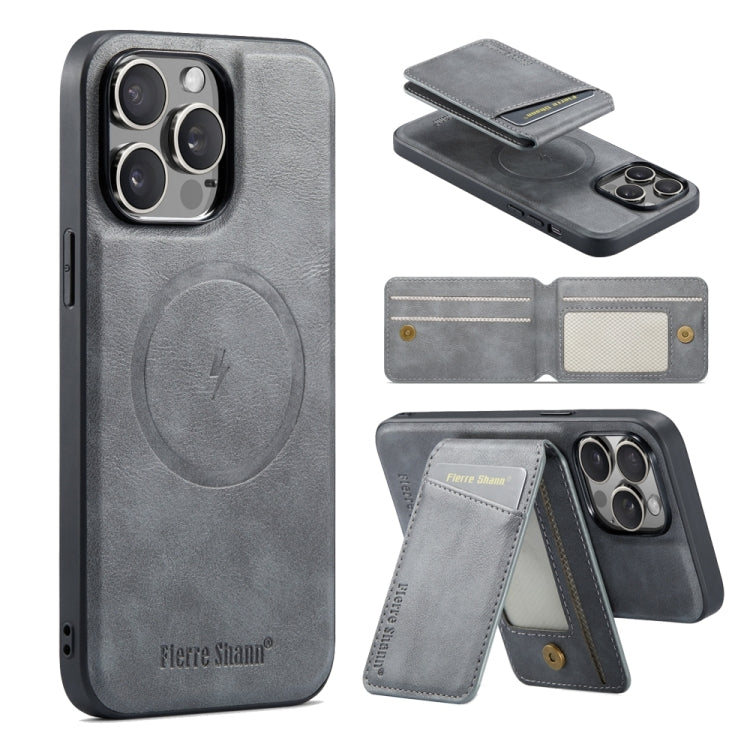 For iPhone 15 Pro Fierre Shann Cowhide Vertical Flip Magnetic Card Holder Phone Case(Grey) - iPhone 15 Pro Cases by FIERRE SHANN | Online Shopping UK | buy2fix