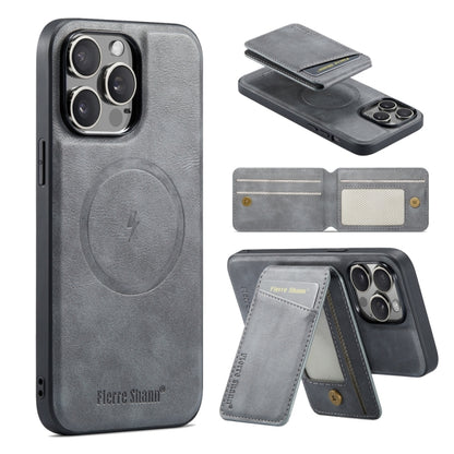 For iPhone 15 Pro Fierre Shann Cowhide Vertical Flip Magnetic Card Holder Phone Case(Grey) - iPhone 15 Pro Cases by FIERRE SHANN | Online Shopping UK | buy2fix