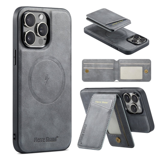 For iPhone 15 Pro Fierre Shann Cowhide Vertical Flip Magnetic Card Holder Phone Case(Grey) - iPhone 15 Pro Cases by FIERRE SHANN | Online Shopping UK | buy2fix