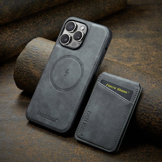 For iPhone 15 Pro Fierre Shann Cowhide Vertical Flip Magnetic Card Holder Phone Case(Grey) - iPhone 15 Pro Cases by FIERRE SHANN | Online Shopping UK | buy2fix