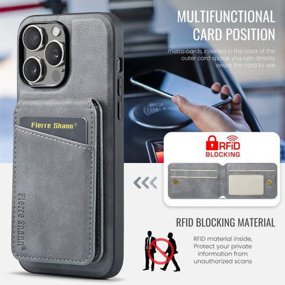 For iPhone 15 Pro Fierre Shann Cowhide Vertical Flip Magnetic Card Holder Phone Case(Grey) - iPhone 15 Pro Cases by FIERRE SHANN | Online Shopping UK | buy2fix