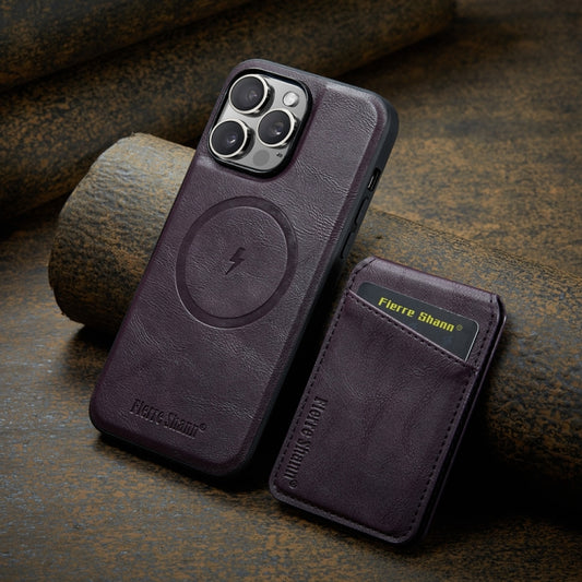 For iPhone 15 Pro Fierre Shann Cowhide Vertical Flip Magnetic Card Holder Phone Case(Purple) - iPhone 15 Pro Cases by FIERRE SHANN | Online Shopping UK | buy2fix