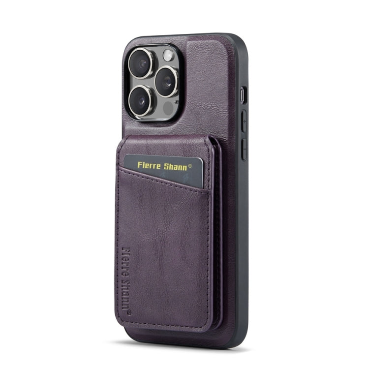 For iPhone 15 Pro Fierre Shann Cowhide Vertical Flip Magnetic Card Holder Phone Case(Purple) - iPhone 15 Pro Cases by FIERRE SHANN | Online Shopping UK | buy2fix