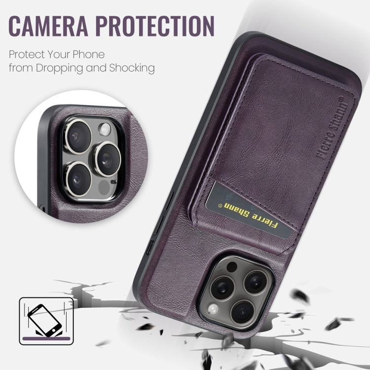 For iPhone 15 Pro Fierre Shann Cowhide Vertical Flip Magnetic Card Holder Phone Case(Purple) - iPhone 15 Pro Cases by FIERRE SHANN | Online Shopping UK | buy2fix