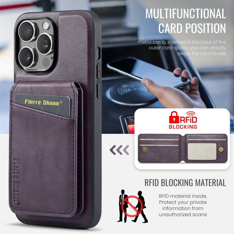 For iPhone 15 Pro Fierre Shann Cowhide Vertical Flip Magnetic Card Holder Phone Case(Purple) - iPhone 15 Pro Cases by FIERRE SHANN | Online Shopping UK | buy2fix