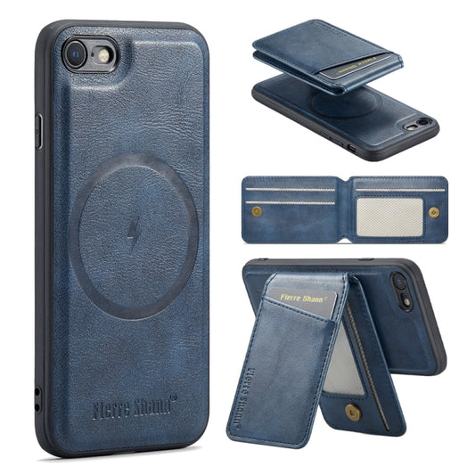 For iPhone SE 2022 / SE 2020 / 8 / 7 Fierre Shann Cowhide Vertical Flip Magnetic Card Holder Phone Case(Blue) - iPhone SE 2022 / 2020 / 8 / 7 Cases by FIERRE SHANN | Online Shopping UK | buy2fix
