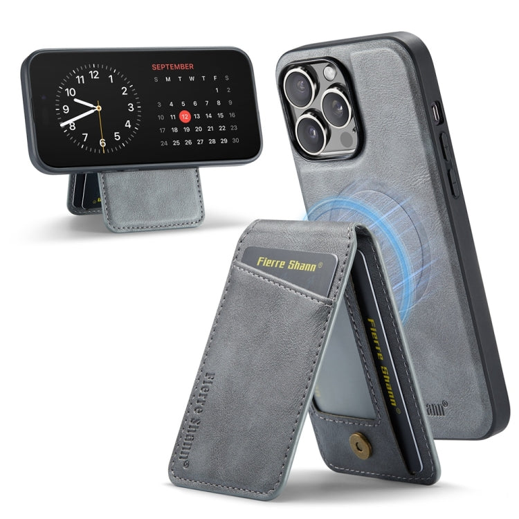 For iPhone 16 Pro Max Fierre Shann Cowhide Vertical Flip Magnetic Card Holder Phone Case(Grey) by FIERRE SHANN