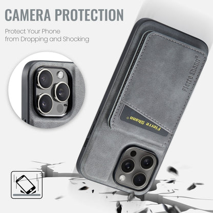 For iPhone 16 Pro Max Fierre Shann Cowhide Vertical Flip Magnetic Card Holder Phone Case(Grey) by FIERRE SHANN