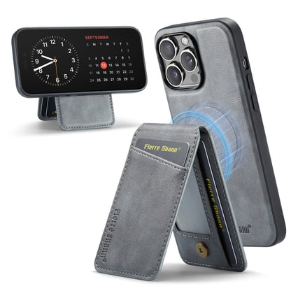 For iPhone 16 Pro Fierre Shann Cowhide Vertical Flip Magnetic Card Holder Phone Case(Grey) by FIERRE SHANN