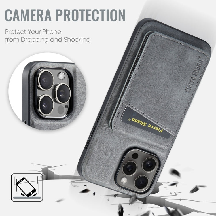 For iPhone 16 Pro Fierre Shann Cowhide Vertical Flip Magnetic Card Holder Phone Case(Grey) by FIERRE SHANN