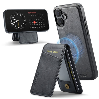 For iPhone 16 Plus Fierre Shann Cowhide Vertical Flip Magnetic Card Holder Phone Case(Black) - iPhone 16 Plus Cases by FIERRE SHANN | Online Shopping UK | buy2fix