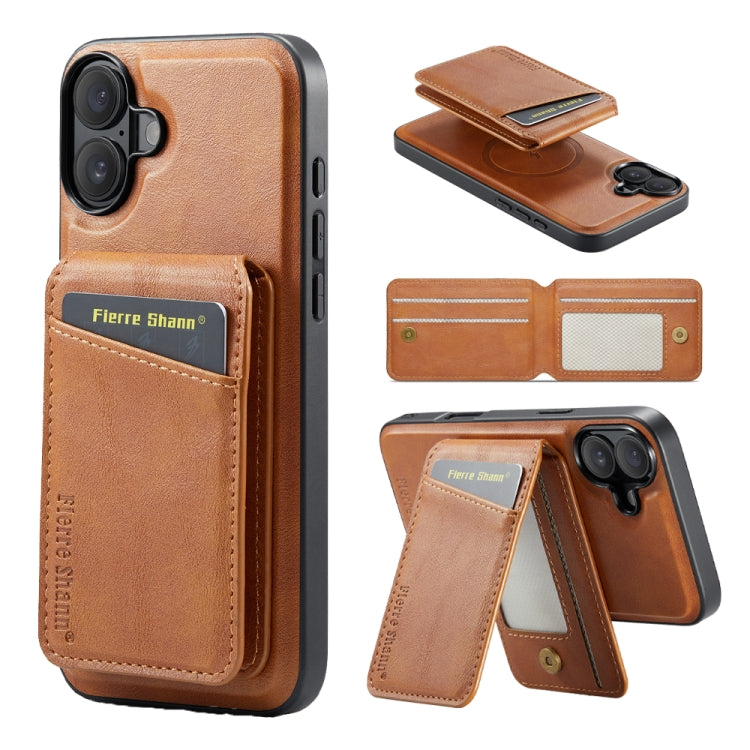 For iPhone 16 Plus Fierre Shann Cowhide Vertical Flip Magnetic Card Holder Phone Case(Brown) - iPhone 16 Plus Cases by FIERRE SHANN | Online Shopping UK | buy2fix