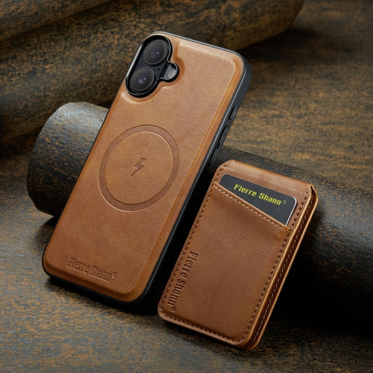 For iPhone 16 Plus Fierre Shann Cowhide Vertical Flip Magnetic Card Holder Phone Case(Brown) - iPhone 16 Plus Cases by FIERRE SHANN | Online Shopping UK | buy2fix