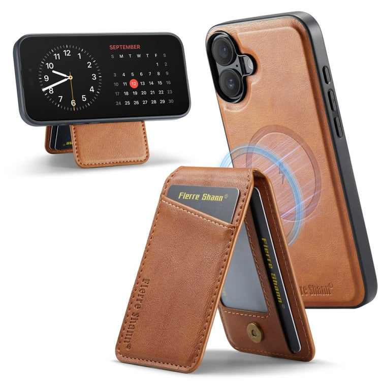 For iPhone 16 Plus Fierre Shann Cowhide Vertical Flip Magnetic Card Holder Phone Case(Brown) - iPhone 16 Plus Cases by FIERRE SHANN | Online Shopping UK | buy2fix