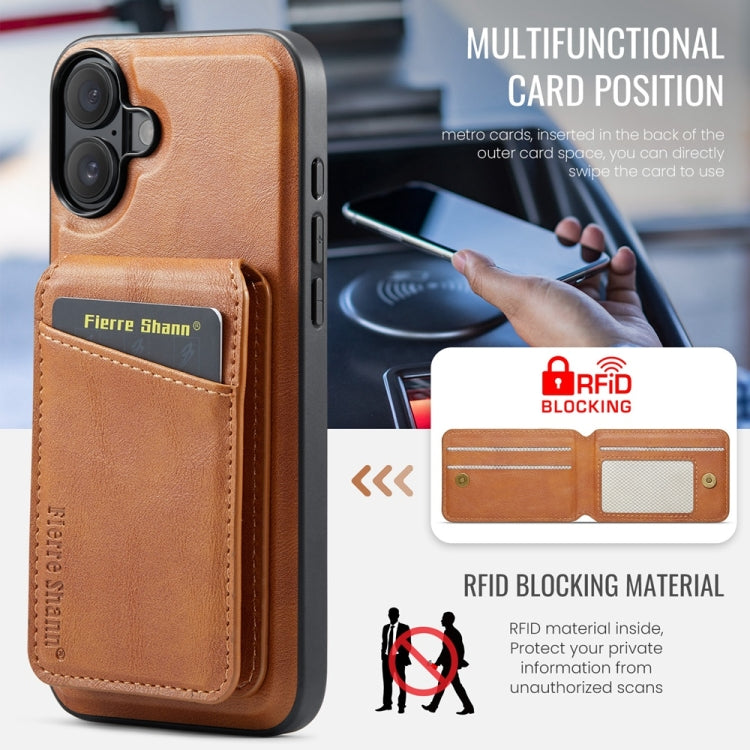 For iPhone 16 Plus Fierre Shann Cowhide Vertical Flip Magnetic Card Holder Phone Case(Brown) - iPhone 16 Plus Cases by FIERRE SHANN | Online Shopping UK | buy2fix
