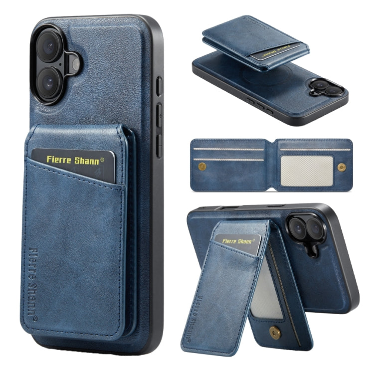 For iPhone 16 Plus Fierre Shann Cowhide Vertical Flip Magnetic Card Holder Phone Case(Blue) - iPhone 16 Plus Cases by FIERRE SHANN | Online Shopping UK | buy2fix