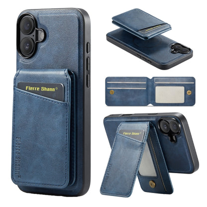 For iPhone 16 Plus Fierre Shann Cowhide Vertical Flip Magnetic Card Holder Phone Case(Blue) - iPhone 16 Plus Cases by FIERRE SHANN | Online Shopping UK | buy2fix