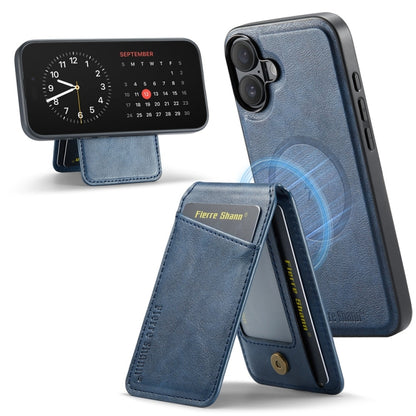 For iPhone 16 Plus Fierre Shann Cowhide Vertical Flip Magnetic Card Holder Phone Case(Blue) - iPhone 16 Plus Cases by FIERRE SHANN | Online Shopping UK | buy2fix