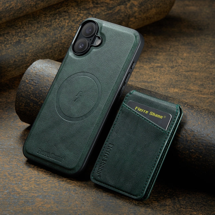 For iPhone 16 Plus Fierre Shann Cowhide Vertical Flip Magnetic Card Holder Phone Case(Green) - iPhone 16 Plus Cases by FIERRE SHANN | Online Shopping UK | buy2fix